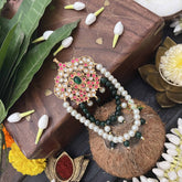 Vriksham Antique Floral With Green & White Beaded Design 1 Gram Gold Jad Billai-G20331